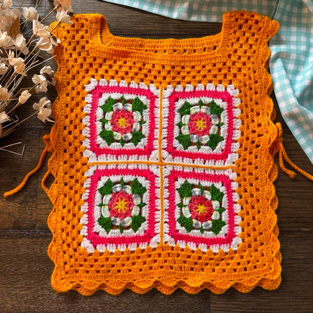 Handmade Crochet Top - Orange, Pink, Green, White